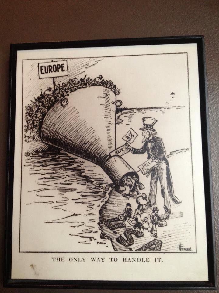 Caricatura che rappresenta il flusso di immigrati europei negli Stati Uniti