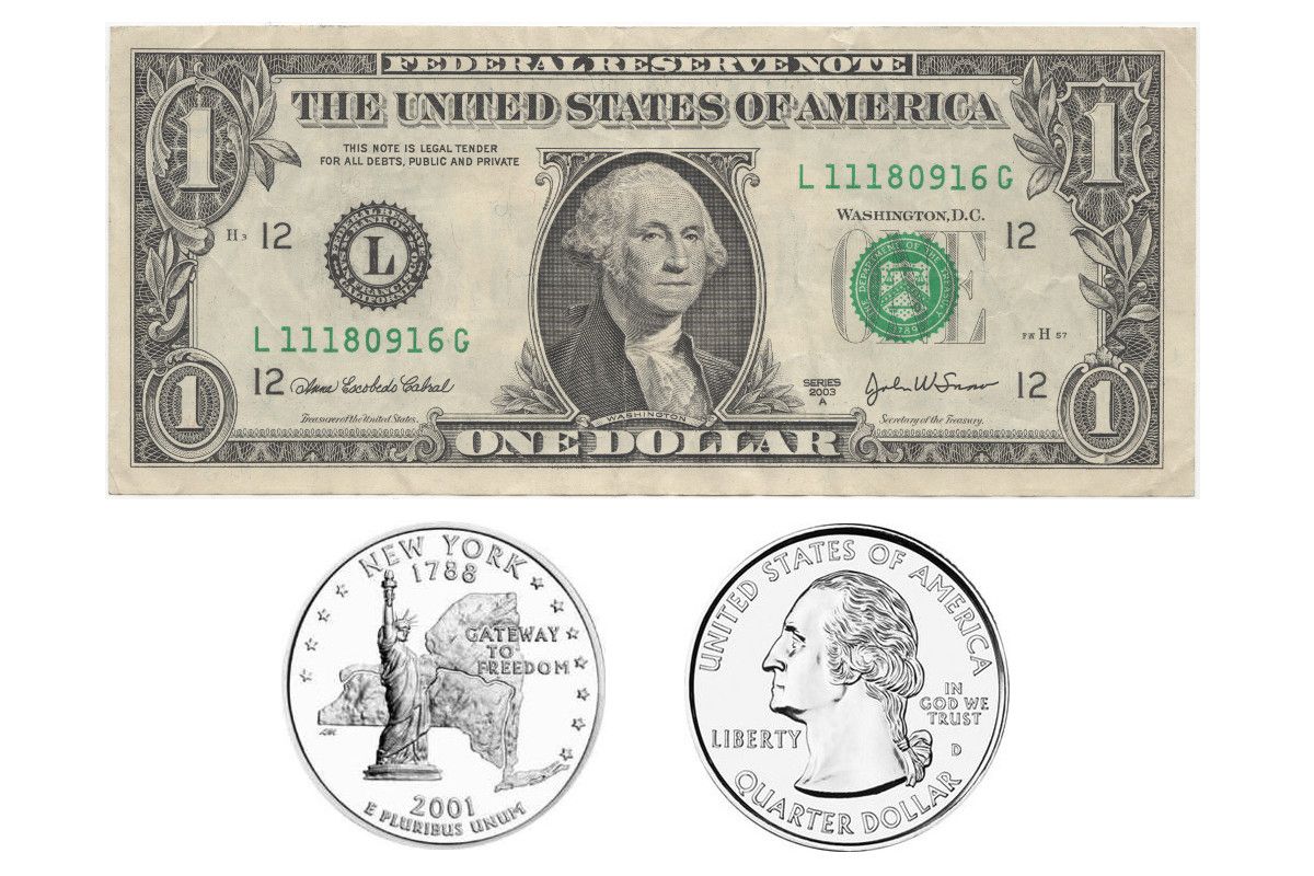 banconota da 1 dollaro e monete da 25 centesimi