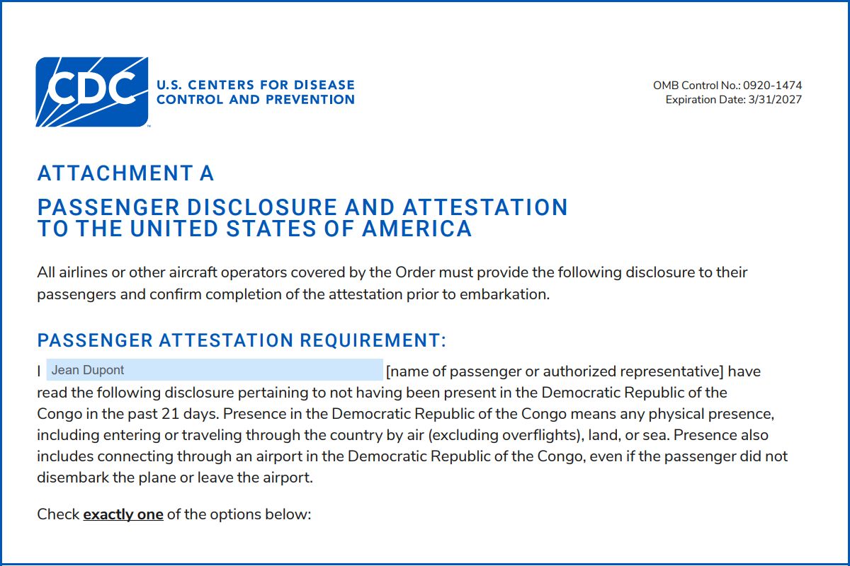 Capture d'écran du formulaire d'attestation sanitaire pour les voyages aux USA
